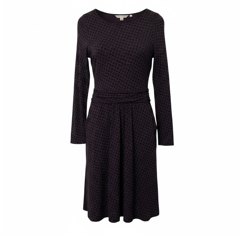Boden Dress Womens US 2R Purple Black Leaf Print Modest Mod Stretch‎ Workwear